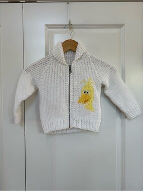 White Knit Zip Up Cardigan with Yellow Duck Big Bird